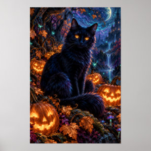 Mondbeschienener schwarzer Katzen-Halloweenposter Poster