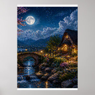 Mondbeschienener verzauberter Cottage-Leinwanddruc Poster