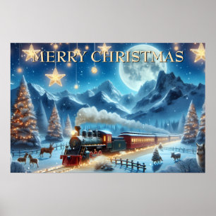 Mondbeschienener Weihnachtszug mit Waldtieren Poster