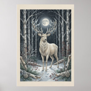 Mondbeschienener Weißer Hirsch Winterwald Poster
