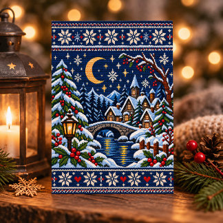 Mondbeschienenes Gestricktes Winterdorf Weihnachts Postkarte