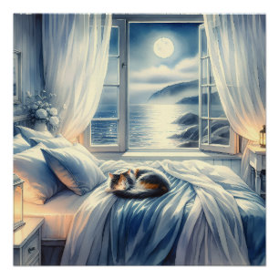 Mondbeschienenes Küsten-Schlafzimmer mit schlafend Poster