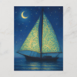 Mondbeschienenes Segelboot - Pastell-Malstil Nacht Postkarte