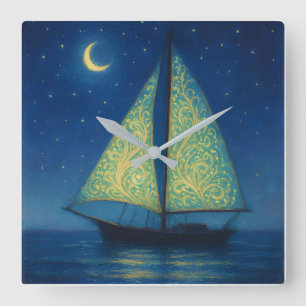 Mondbeschienenes Segelboot - Pastell-Malstil Nacht Quadratische Wanduhr