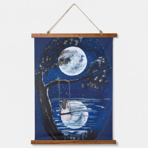 Mondbeschwingt am See - handgefertigtes Kunstwerk Wandteppich Mit Holzrahmen