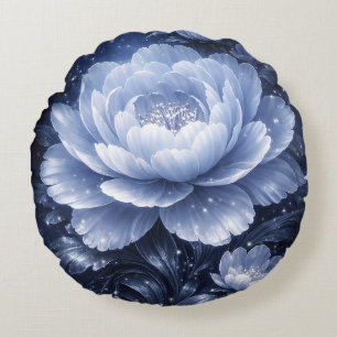 Mondblüte – Leuchtend Blaue Florale Wandkunst Rundes Kissen
