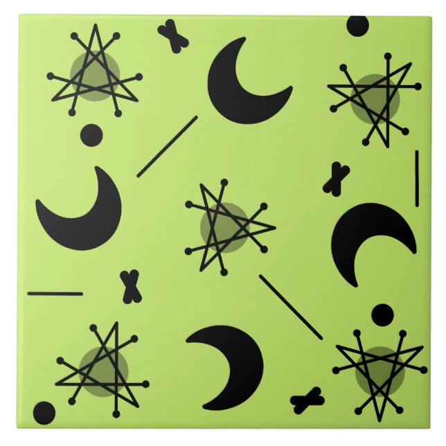 Monde & Stars Atomzeitalter Abstrakte Kartreuse Gr Fliese (Vorderseite)