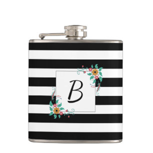 Mondern Schwarze Streifen und florale Monogramm Flachmann