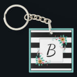 Mondern Schwarze Streifen und florale Monogramm Schlüsselanhänger<br><div class="desc">Mit Monogramm Schlüsselanhänger mit schwarz-weißen Streifen und zartem Blumenmotiv.</div>