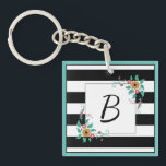 Mondern Schwarze Streifen und florale Monogramm Schlüsselanhänger<br><div class="desc">Mit Monogramm Schlüsselanhänger mit schwarz-weißen Streifen und zartem Blumenmotiv.</div>