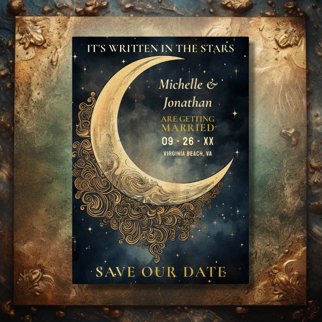 Mondfeierliche Hochzeit und Sterne speichern das D Folieneinladung (Front - Moon and Stars Celestial Wedding Save the Date Foil Invitation)