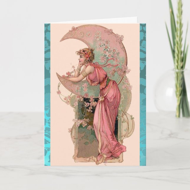 MONDLADY, BLUME UND ROSE, BLAUE DAMASK PINK KARTE (Vorderseite)