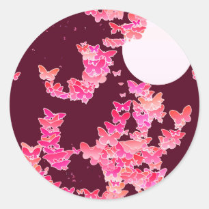 Mondlandschaft mit Schmetterlingen - Rosa, Bordeau Runder Aufkleber