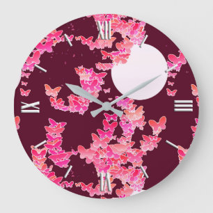 Mondlandschaft mit Schmetterlingen - rosa, burgund Große Wanduhr