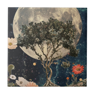 Mondlicht-Bäume und Blüten Fliese