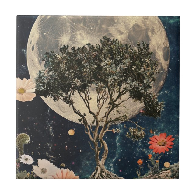 Mondlicht-Bäume und Blüten Fliese (Vorderseite)