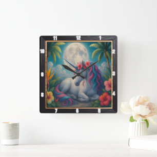 Mondlicht Einicorn Tropische Blume Quadratische Wanduhr