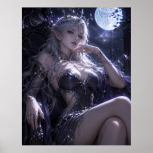 Mondlicht-Elfenkönigin Fantasy-Porträt Dunkelbla Poster