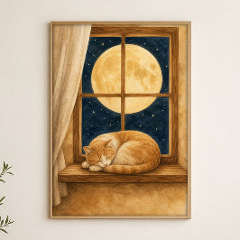 Mondlicht-Fensterbank-Katze-Aquarell-Poster Poster