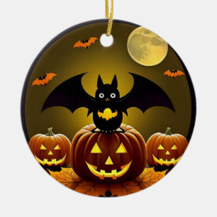 🌕🦇 Mondlicht-Fledermaus & Kürbis Gruselig Süße N Keramik Ornament
