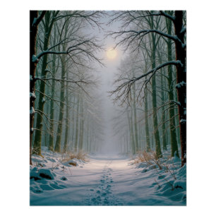 Mondlicht-Fußspuren in einem schneebedeckten Wald Poster