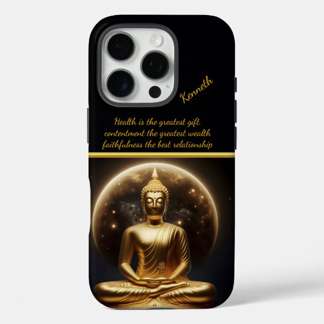 Mondlicht Goldener Buddha. Kunst der AI iPhone 16 Pro Hülle (Rückseite)