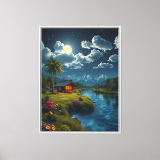 Mondlicht Hütte am Fluss - Naturwall Art. Leinwanddruck