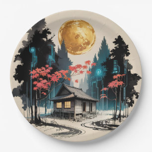 Mondlicht-Hütte Japanischer Wald Kunst (9) Pappteller