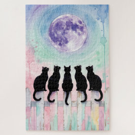 Mondlicht Katzen Puzzle – Fünf schwarze Katzen Aqu