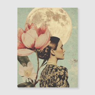 Mondlicht-Schönheit – Frau mit rosa Blume und Mond Magnetkarte