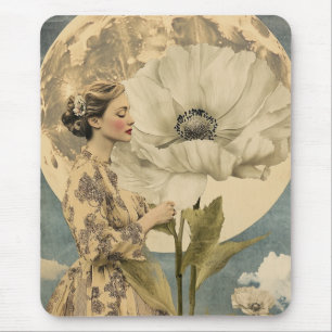 Mondlicht-Schönheit – Frau mit weißer Blume und Mo Mousepad