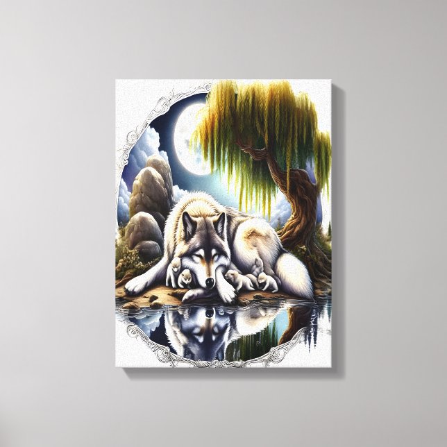 Mondlicht-Stille Ein schlummernder Wolf 12x16 Leinwanddruck (Vorderseite)
