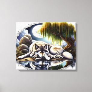 Mondlicht-Stille ein schlummernder Wolf 20x16 Leinwanddruck