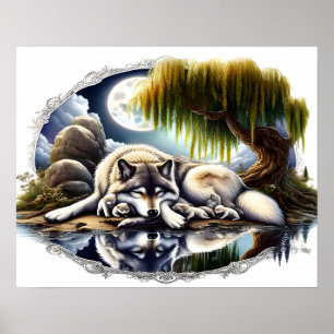 Mondlicht-Stille ein schlummernder Wolf 20x16 Poster