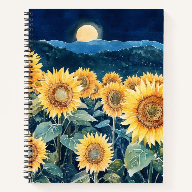 Mondlicht über Sonnenblumen Notizbuch (Vorderseite)