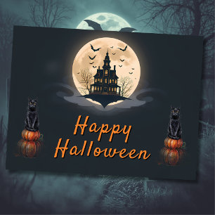 Mondlicht-Villa Halloween-Katze Postkarte