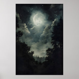 Mondlicht-Wald-Druck, gothische Hexen-Dekoration,  Poster