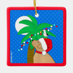 Mondlicht-Weihnachtsmann-Gelber-Hund-schmückt-Palm Keramikornament