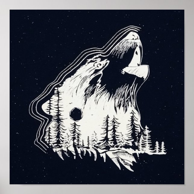 Mondlicht Winter Wolf Pine Tree Forest Poster (Vorne)