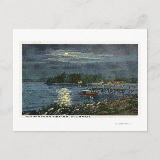 Mondlichtsicht auf See, Bootsanlegestelle und die Postkarte (Vorderseite)