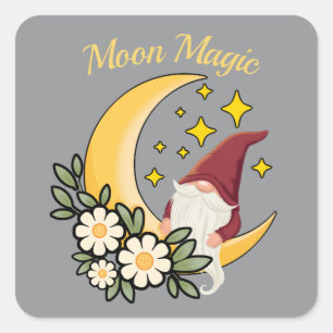 Mondmagie Süßer Gnom auf zunehmendem Mond Florale  Quadratischer Aufkleber