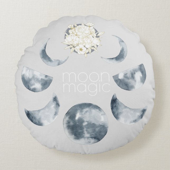 Mondmagnete Mondphase und Blumenmuster Rundes Kissen (Vorderseite)