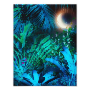 Mondnacht Tropischer Dschungel Blätter Silver Blu Fotodruck