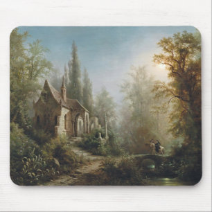 Mondnacht über ländlicher Kapelle und Pferdereiter Mousepad
