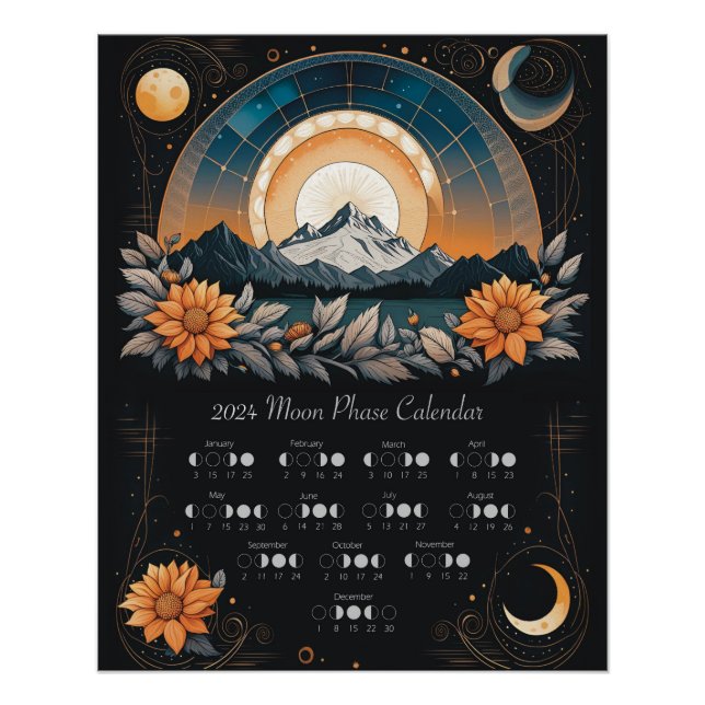 Mondphase 2024 Mauer Sonnenblumen Berge Poster (Vorderseite)