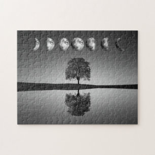 Mondphasen & leuchtende Sterne, einzelner Baum & S