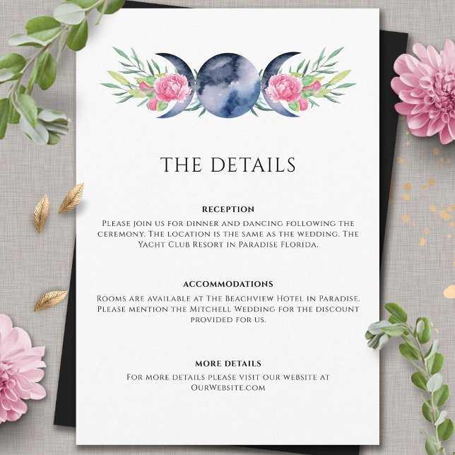 Mondphasen Pink Floral Metaphysische Hochzeit Begleitkarte (Von Creator hochgeladen)