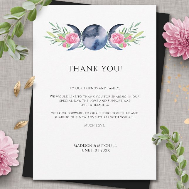 Mondphasen Pink Floral Metaphysische Hochzeit Dankeskarte (Von Creator hochgeladen)