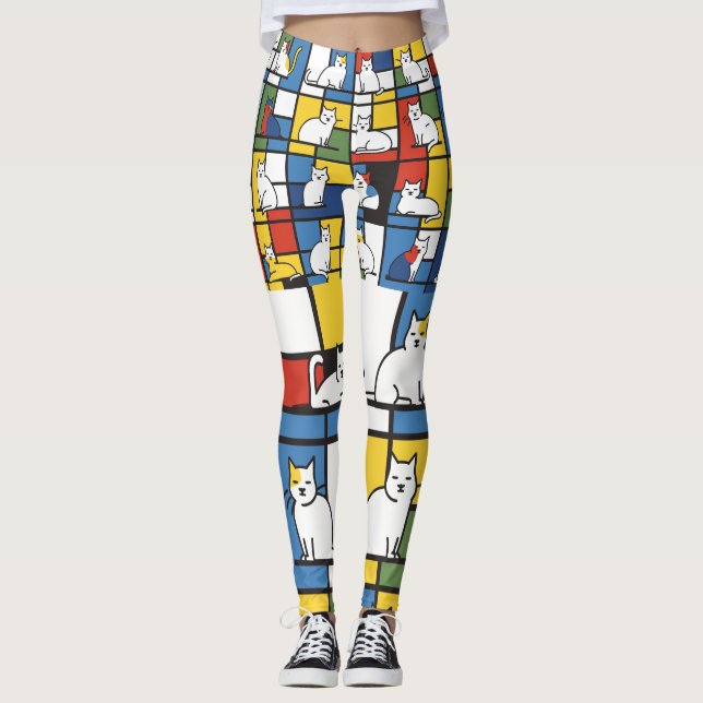 Mondrian Art Inspiriert Cat Illustration Leggings (Vorderseite)
