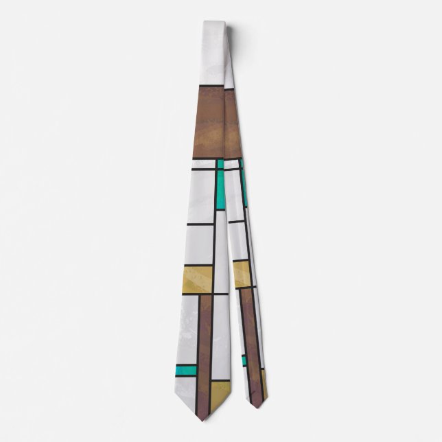 Mondrian Brawn Yellow Aquamarin Print Krawatte (Vorderseite)
